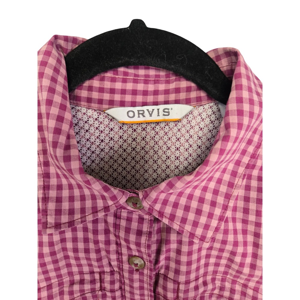 Orvis Womens S Fishing Shirt Pink Gingham Plaid Long Sleeve Roll Tab Vented Mesh